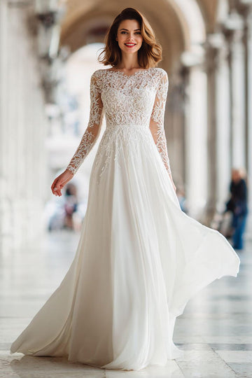 Ivory A-Line Long Sleeve Wedding Dress With Lace Appliques